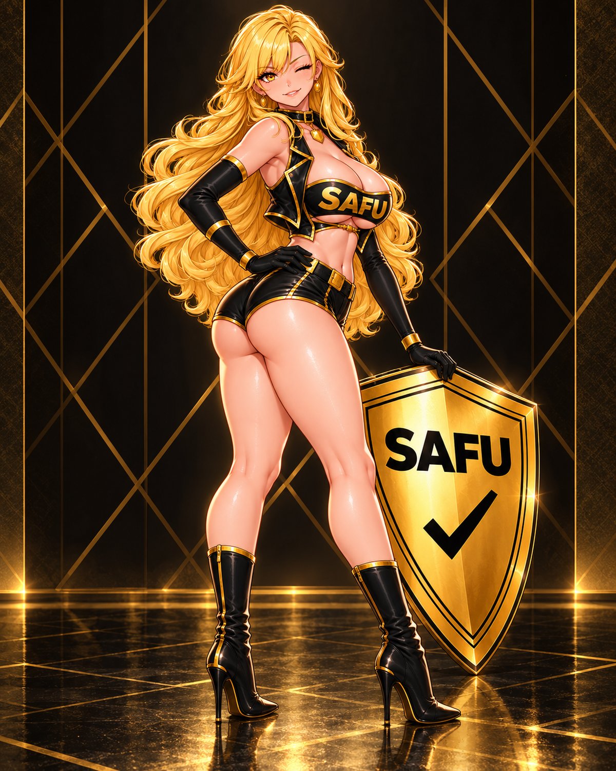 The heroine in a playful, confident full-body pose