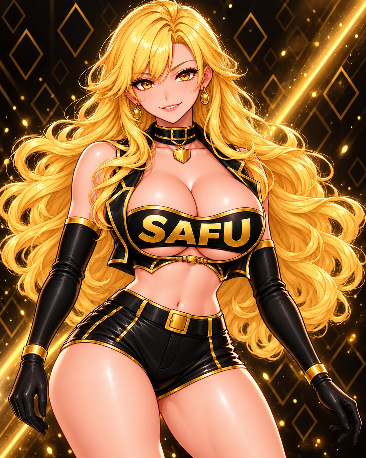 The heroine surrounded by drifting golden particles